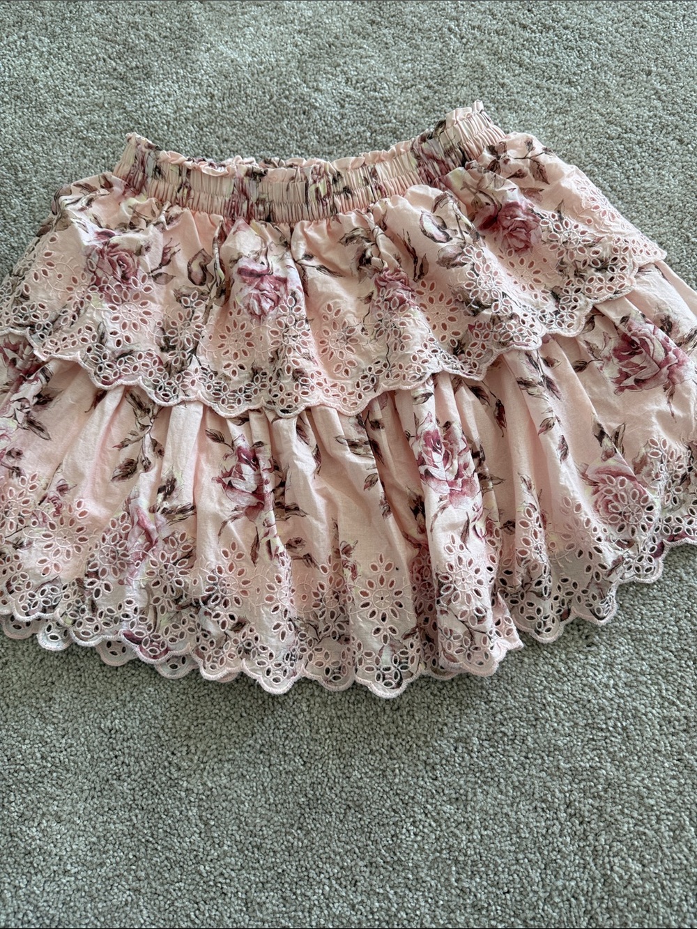 LoveShackFancy x Gap  Blush Pink Floral Eyelet Tiered Mini Skirt women’s size M